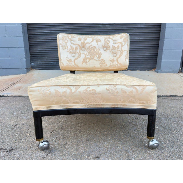 Vintage Mid-Century Modern Slipper Lounge Chair, Ebonized Frame, Chrome Ball Casters, Tufted Brocade, Probber Style For Sale In New York - Image 6 of 11