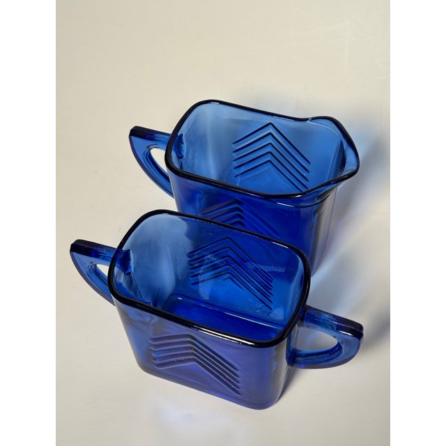Glass Vintage Art Deco "Chevron" Cobalt Blue Depression Glass Sugar & Creamer Set For Sale - Image 7 of 10