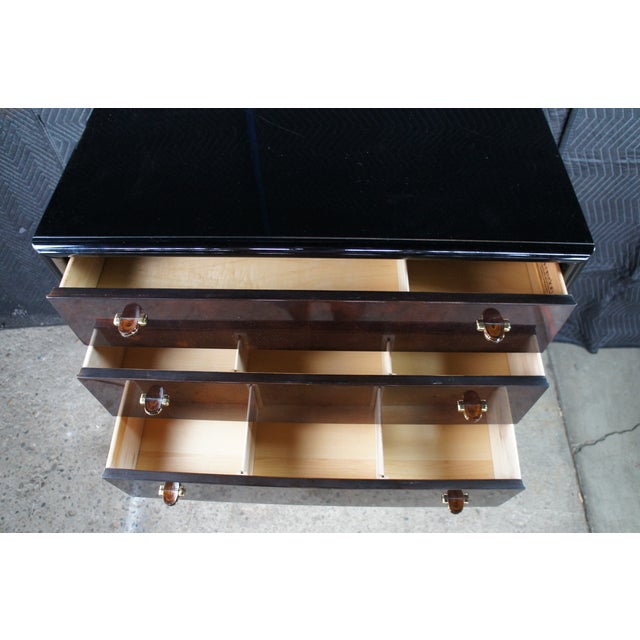 1980s Henredon Scene Three Art Deco Style Walnut Burl Black Lacquer Tallboy Dresser For Sale - Image 9 of 14