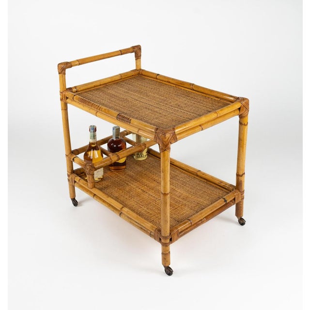 Mid-Century Modern Mid-Century Modern Bamboo and Rattan Serving Bar Cart, Italy, 1960s For Sale - Image 3 of 17