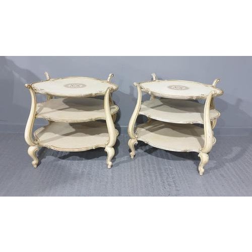 These are a super pair of French three tier original painted and gilt occasional lamp tables, wonderful shape and in...