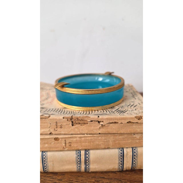 Vintage Murano Opaline Glass Ashtray Turquoise Blue Brass Rim Italian Mid Century Decorative Catchall Trinket Dish For Sale - Image 12 of 13