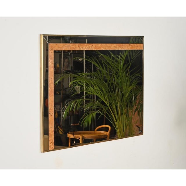 Large Smoked Glass, Poplar Burl and Brass Mirror by Romeo Rega for Nazaret, Italy, 1970s For Sale - Image 3 of 15