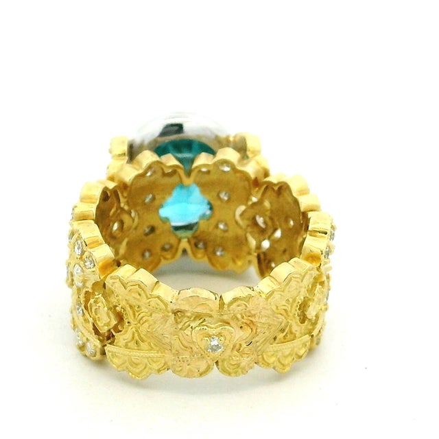 Metal Stambolian 18k Gold Blue Zircon and Diamond Cocktail Ring, Size 8.75 For Sale - Image 7 of 14