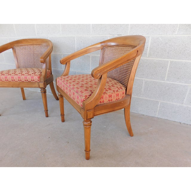 Vintage Walnut Barrel Back Italian Regency Style Cane Back Accent Arm Chairs - A Pair For Sale - Image 9 of 12