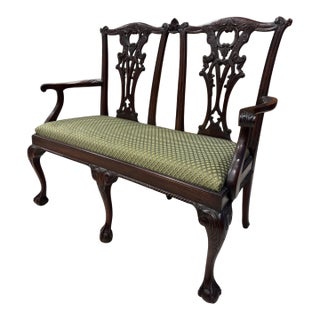 Mid 20th Century English Chippendale Style Mahogany Window Bench With Carved Openwork Backs For Sale