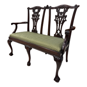 Mid 20th Century English Chippendale Style Mahogany Window Bench With Carved Openwork Backs