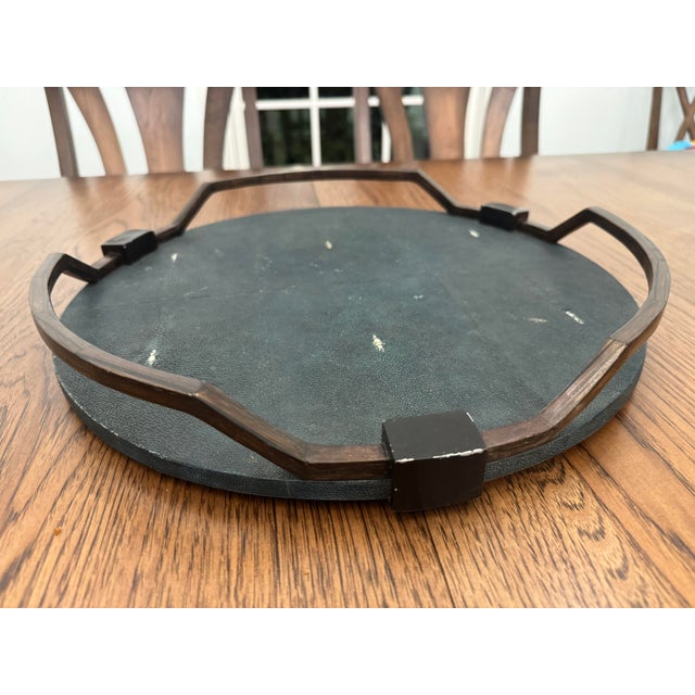 Bottle Green This Is a Luxury Round Decorative Tray by R&y Augousti Featuring a Textured Shagreen Surface Framed by a Sculptural Dark Metal and Wood Trim. 16” For Sale - Image 8 of 8