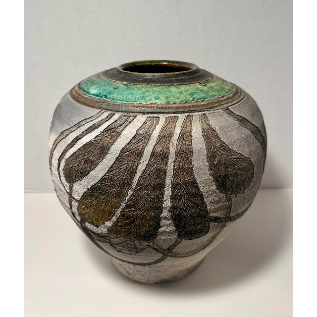 Vintage Studio Art Pottery Chestnut Leaves Raku Glaze Vase by Bohn, Signed For Sale - Image 4 of 7