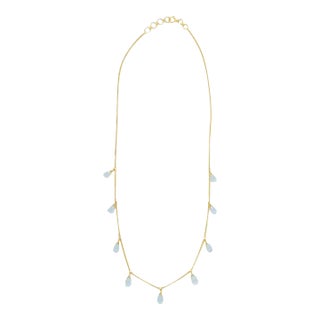18k Yellow Gold Blue Topaz Drop Charm Station Necklace For Sale