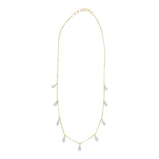 18k Yellow Gold Blue Topaz Drop Charm Station Necklace For Sale