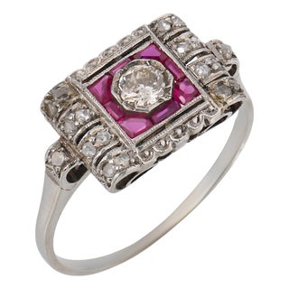 Art Deco Style Diamond Ruby Platinum Ring, Size 7.5 For Sale
