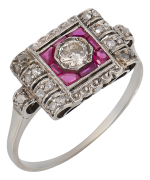 Art Deco Style Diamond Ruby Platinum Ring, Size 7.5