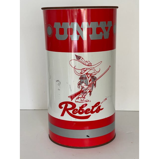 Vintage sports memorabilia collage football metal enamelled tradh bin. With mascot of Tebels sports team.