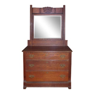 Antique Oak Bureau With Beveled Glass Mirror For Sale
