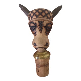 Vintage Spanish Folk Art Carved Wood Drunk Donkey Wine Bottle Stopper For Sale