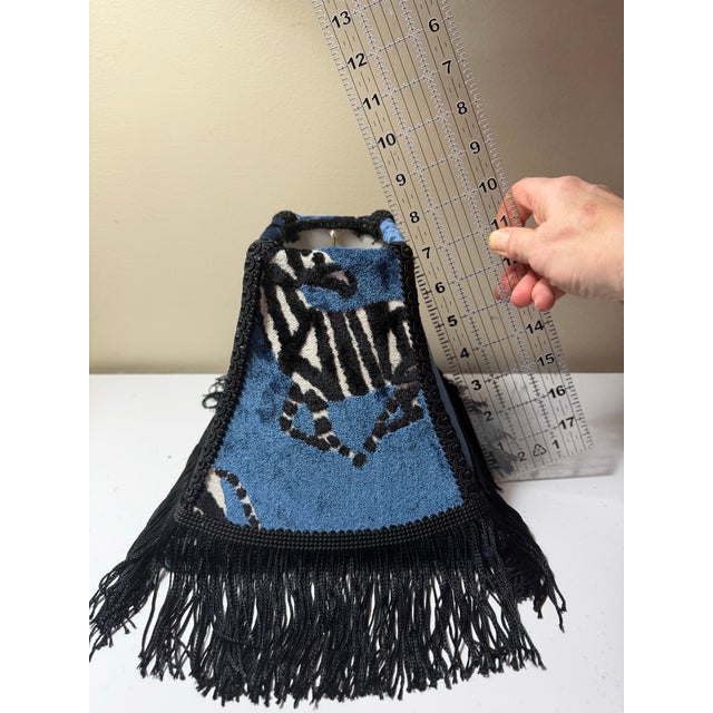 2020s Regal Sapphire Blue Zebra Velvet Lamp Shade With Black Trim & Rayon Fringe For Sale - Image 5 of 7