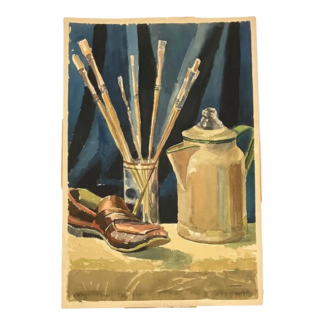 1950’s Original Anthony Ferrara Still Life Watercolor Painting Brushes with Shoe and a Pot, Signed For Sale