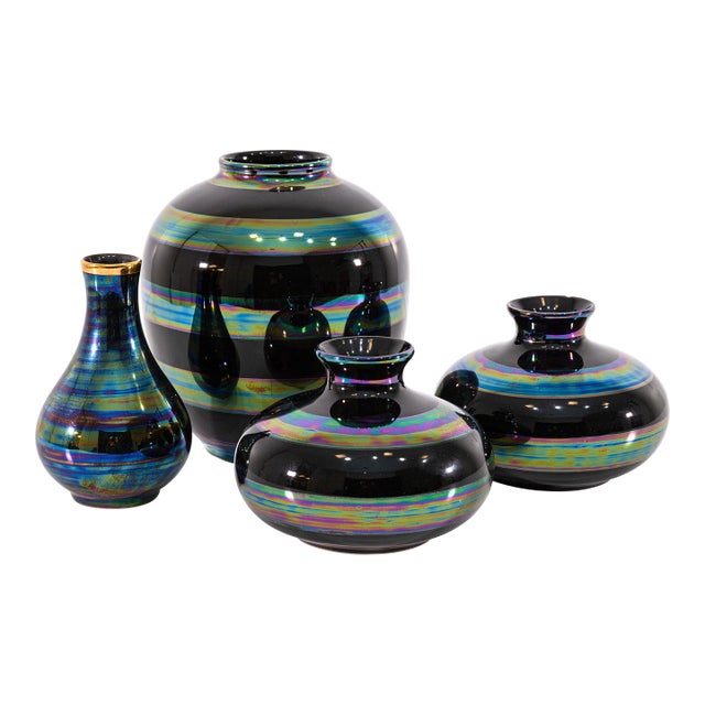 Set of 4 Striped Iridescent Black Ceramic Vessels Contemporary Modern For Sale