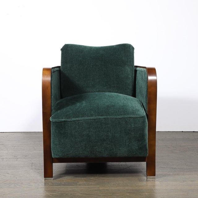 Pair of Art Deco Walnut Armchairs in Eucalyptus Mohair Velvet W/ Nickel Sabots For Sale - Image 10 of 18