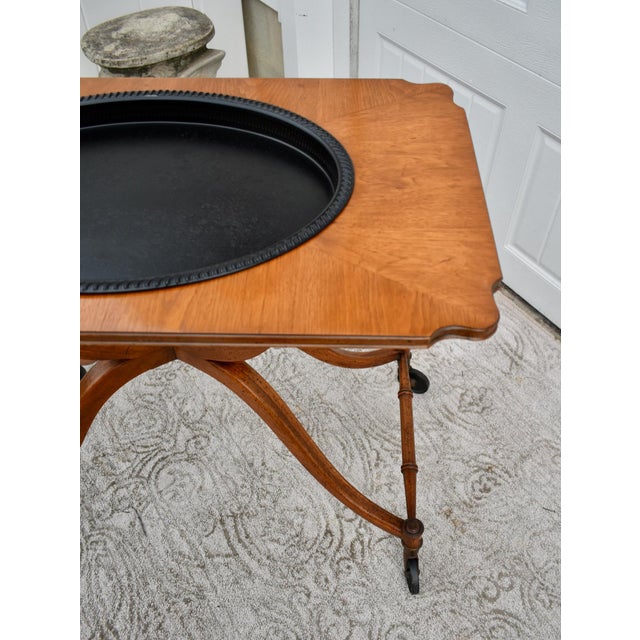 Brown Fruitwood Serving Cart Mid Century Modern Removable Tray Rolling Bar Table 60s For Sale - Image 8 of 12
