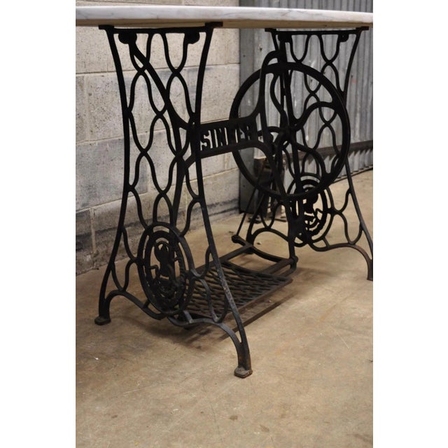 Victorian Early 20th Century Cast Iron Singer Treadle Sewing Machine Base Console Table Oval Marble Top For Sale - Image 3 of 12