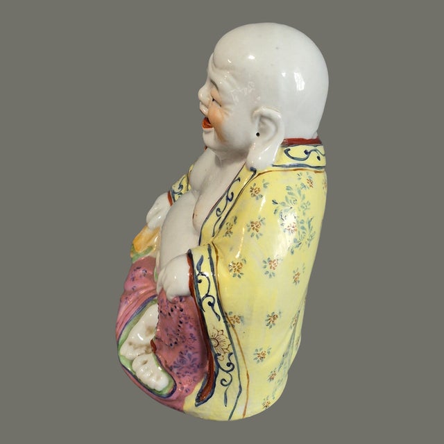 Asian Vintage Famille Rose Hand Painted Laughing Happy Buddha Marked For Sale - Image 3 of 8