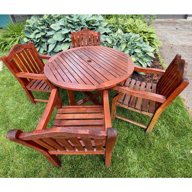 1990s Exceptional Vintage Hand-Carved Estate-Quality 5-Piece Solid Teak Patio Dining Set For Sale - Image 12 of 13