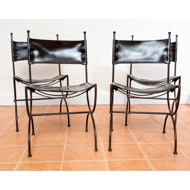 Mid-Century Modern Vintage Dining Chairs in Leather and Wrought Iron, 1970s, Set of 4 For Sale - Image 3 of 18