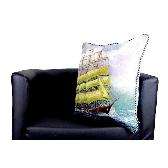 Vintage Woven Sailing Boat Pillow With Piping For Sale - Image 6 of 11