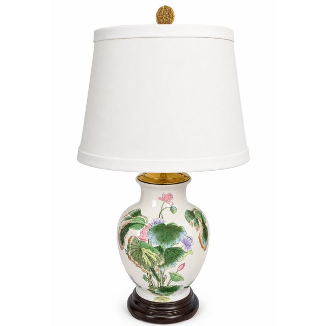 Mid-Century Chinese Export Ceramic Lotus & Floral Table Lamps - Pair For Sale - Image 4 of 10