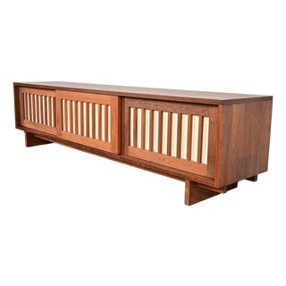 George Nakashima Style Studio Crafted Sculpted Walnut Sliding Door Sideboard Credenza For Sale