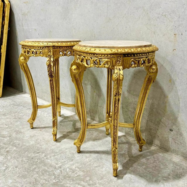 French Style Nesting Side Tables – Set of 2 With Beige Finish, Marble Tops & Gold Leaf Details For Sale In Miami - Image 6 of 6