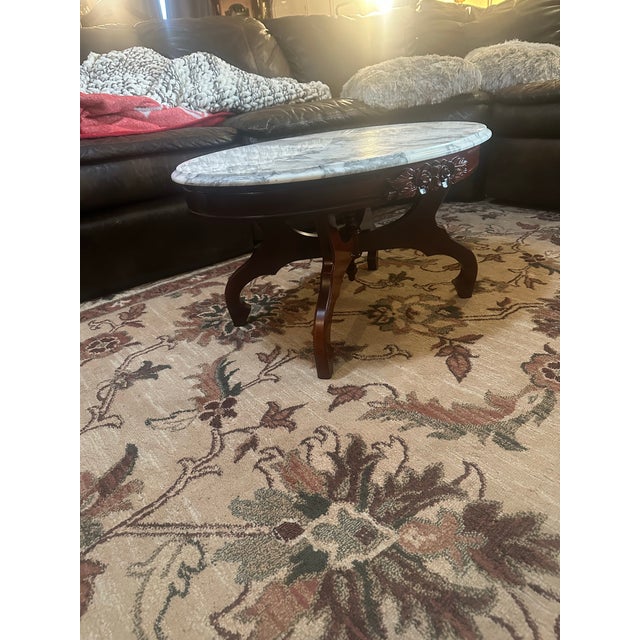Stone Vintage Oval Marble-Top Coffee Table With Carved Floral Apron For Sale - Image 7 of 12