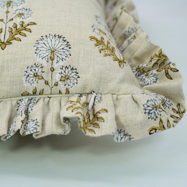 Fabdivine Indian Block Print Frill Cushion Cover 14x14 Inch Pure Linen- Rishi For Sale - Image 4 of 5