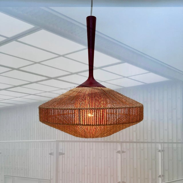 Brown Teak and Sisal Cord Weave Hanging Lamp from Temde Leuchten, Germany, 1950s For Sale - Image 8 of 12
