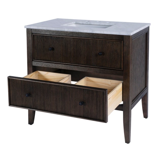 Spritely Home Accent Furniture Bristol 36 in. W Marble and Wood 1 Drawer Ribbed Bathroom Vanity, Dark Roast Coffee Wire Brushed For Sale - Image 4 of 9