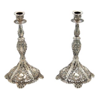 Silver Candlesticks with Embossed Stems and Sconces, Set of 2 For Sale