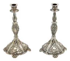 Silver Candlesticks with Embossed Stems and Sconces, Set of 2
