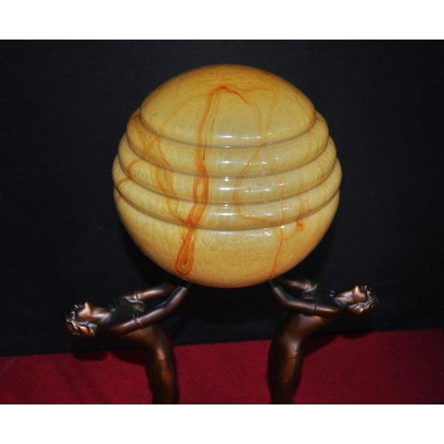 Goldenrod Art Deco French Figural Dancer Table Lamp with Marble Base and Glass Globe, 1930 For Sale - Image 8 of 18