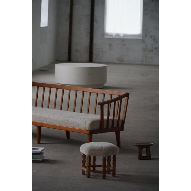 Brown Mid-Century Modern Danish Hexagonal Oak Stool with Shearling Lambswool Upholstery, 1950 For Sale - Image 8 of 14
