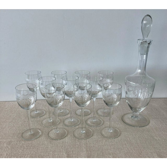 Vintage Hand Cut Blown Glass Decanter & 11 Glasses Set For Sale - Image 9 of 9