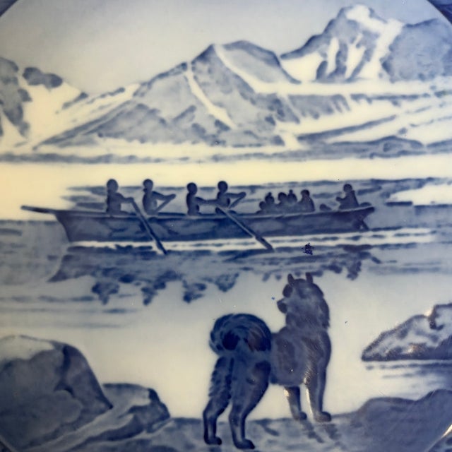 Traditional Royal Copenhagen 1968 “The Last Umiak” Blue & White Porcelain Collector Plate For Sale - Image 3 of 12