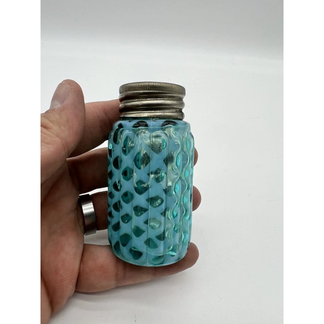 Metal Antique Blue Lattice Blown Glass Salt or Pepper Shaker by Northwood, Circa 1890-1910's For Sale - Image 7 of 9