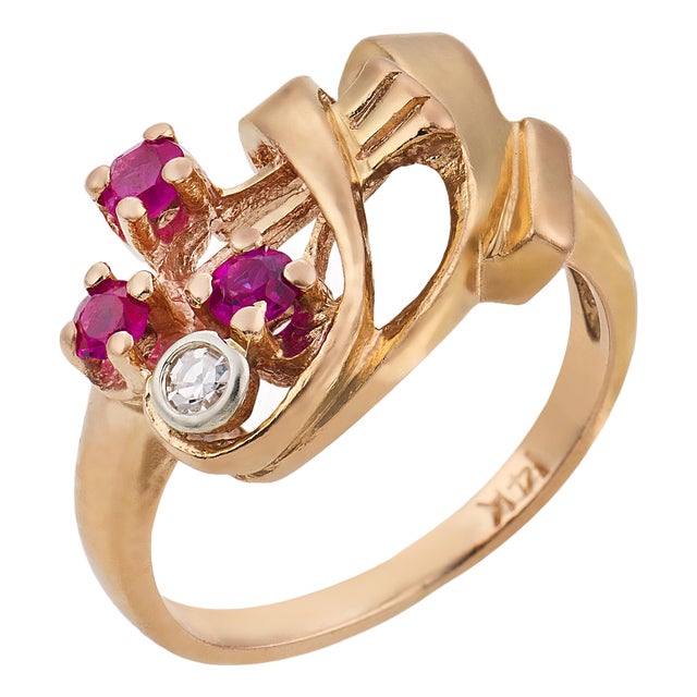 Mid 20th Century Retro Ruby Diamond 14k Rose Gold Ring, Size 4.5 For Sale