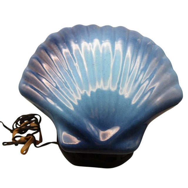 Vintage Vallauris Lion S/Mer Blue Ceramic Clam Shell Lamp Mid Century Tikki Kitch Cord Cut Signed For Sale - Image 9 of 18