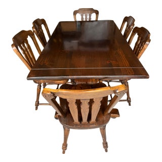 Final Price Reduction on 1970s Ethan Allen Old Tavern Antiqued Pine Trestle Dining 5' Table With 6 Original Matching Chairs For Sale