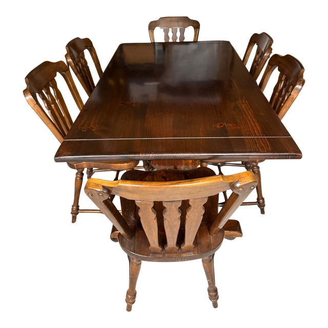 Final Price Reduction on 1970s Ethan Allen Old Tavern Antiqued Pine Trestle Dining 5' Table With 6 Original Matching Chairs For Sale