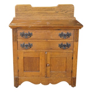 Antique American Victorian Oak Washstand Commode Chest Cabinet Backsplash For Sale