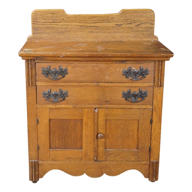 Antique American Victorian Oak Washstand Commode Chest Cabinet Backsplash For Sale